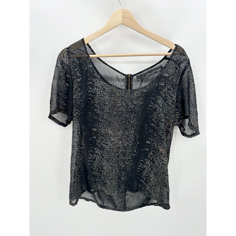 Patterson J Kincaid Top Women SMALL Black‎ Sheer Printed Short Sleeve Scoop Neck